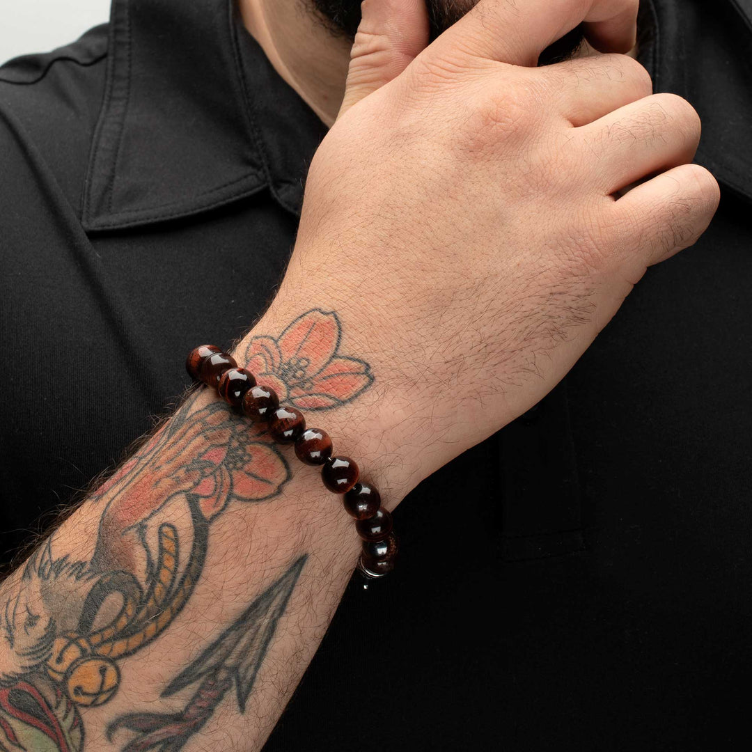 10mm Red Tiger Eye Stone Bead Bracelet with Antiqued Stainless Steel Clasp