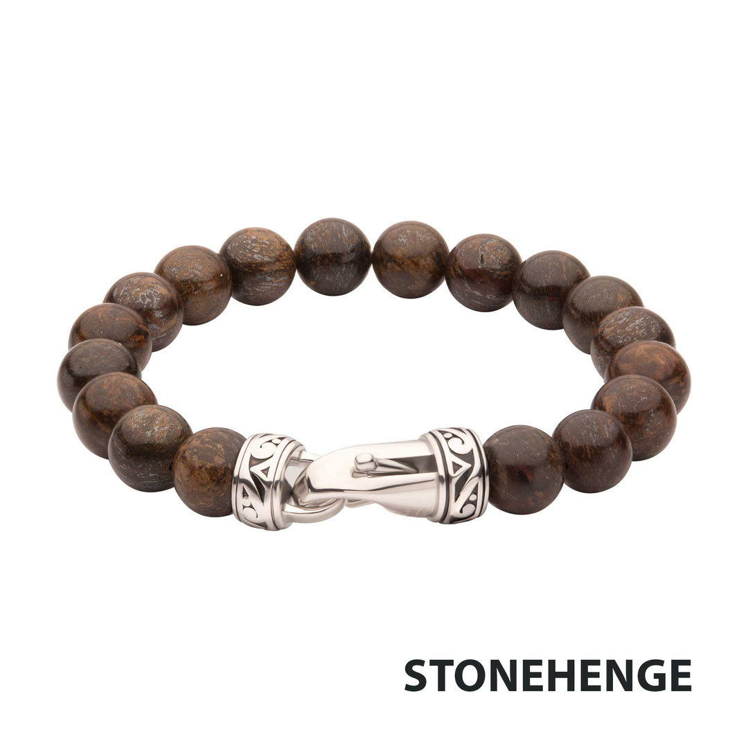 10mm Bronzite Stone Bead Bracelet with Antiqued Stainless Steel Clasp