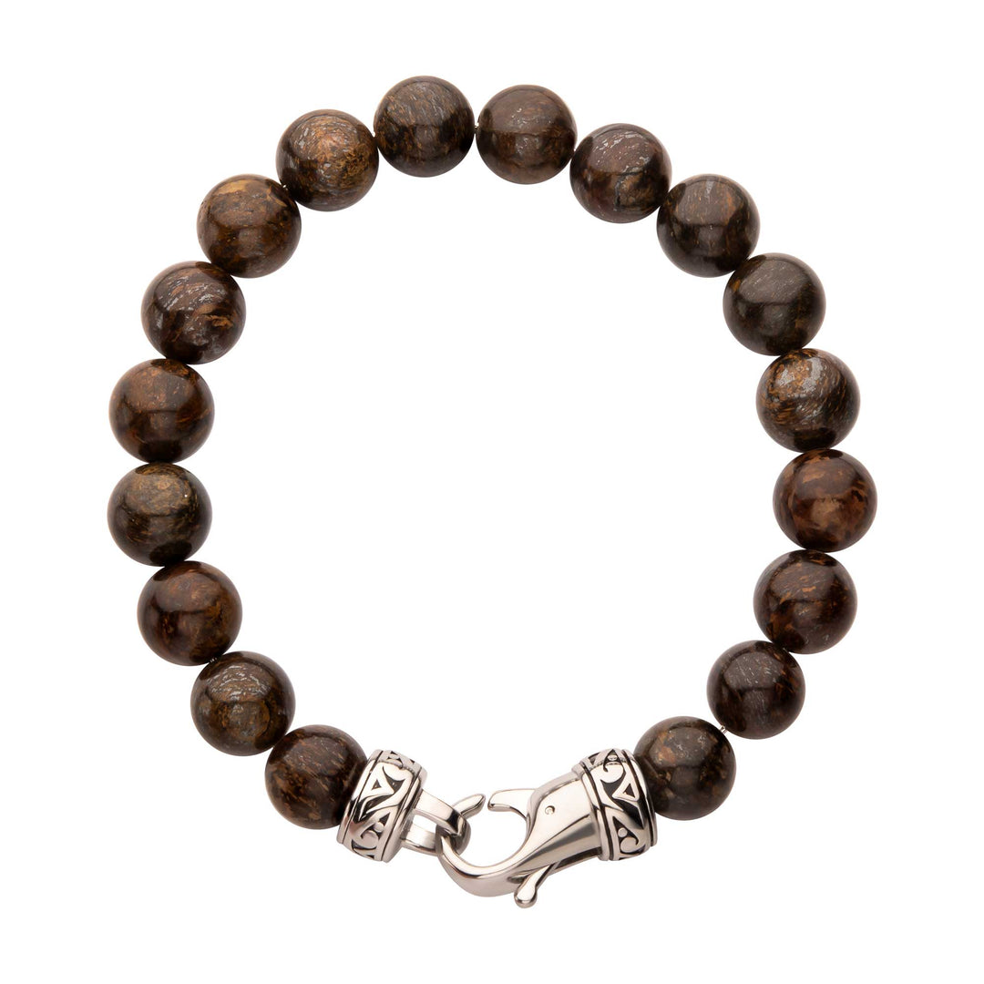 10mm Bronzite Stone Bead Bracelet with Antiqued Stainless Steel Clasp