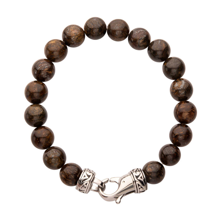 10mm Bronzite Stone Bead Bracelet with Antiqued Stainless Steel Clasp