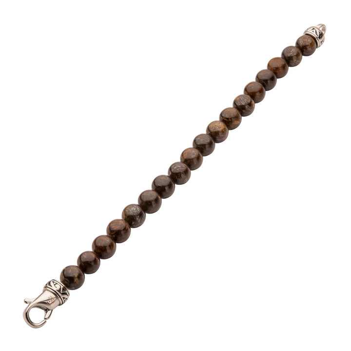 10mm Bronzite Stone Bead Bracelet with Antiqued Stainless Steel Clasp