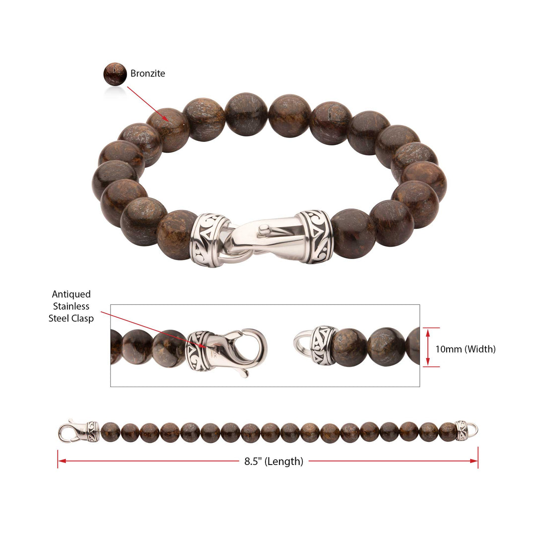 10mm Bronzite Stone Bead Bracelet with Antiqued Stainless Steel Clasp