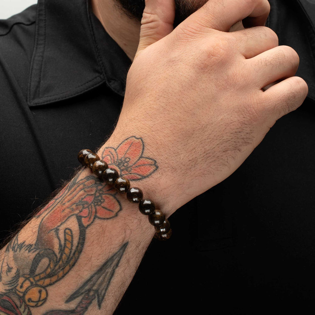 10mm Bronzite Stone Bead Bracelet with Antiqued Stainless Steel Clasp