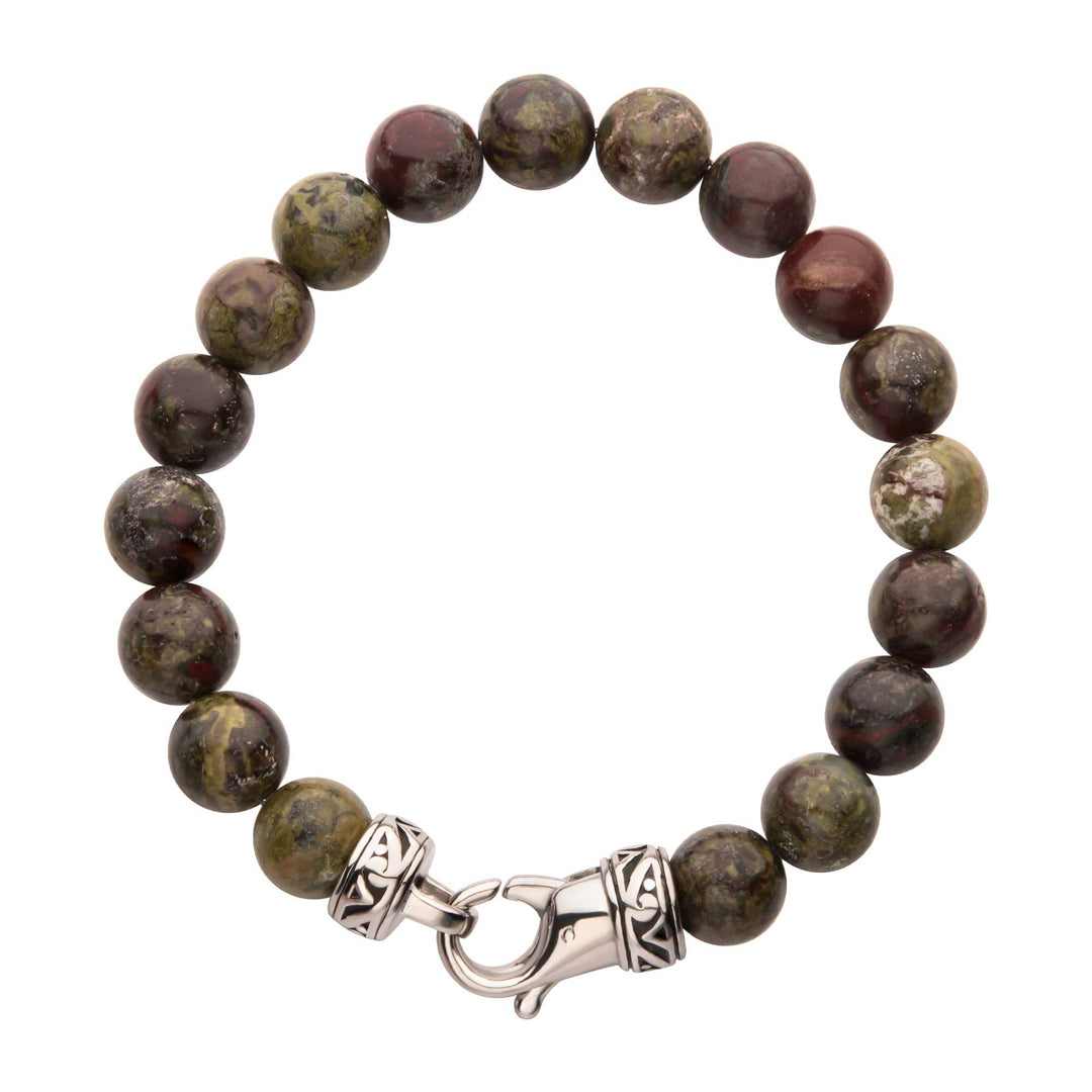 10mm Dragon Blood Jasper Stone Bead Bracelet with Antiqued Stainless Steel Clasp