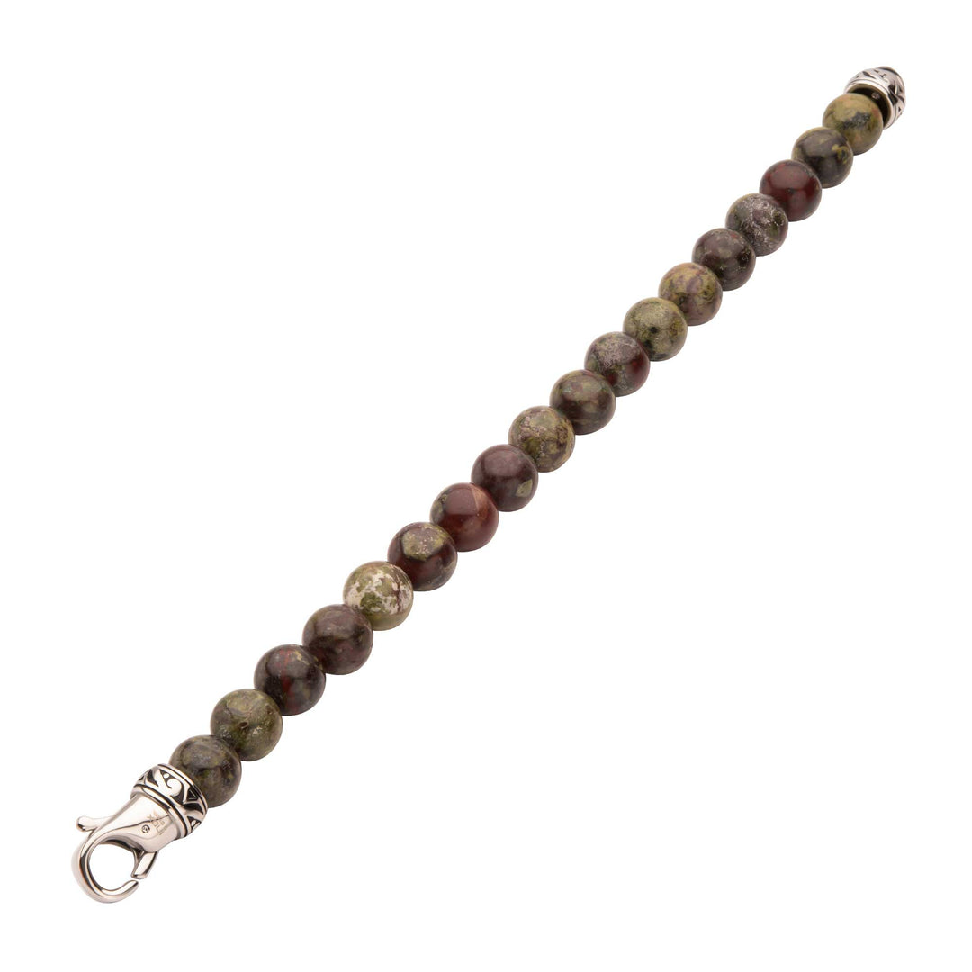 10mm Dragon Blood Jasper Stone Bead Bracelet with Antiqued Stainless Steel Clasp