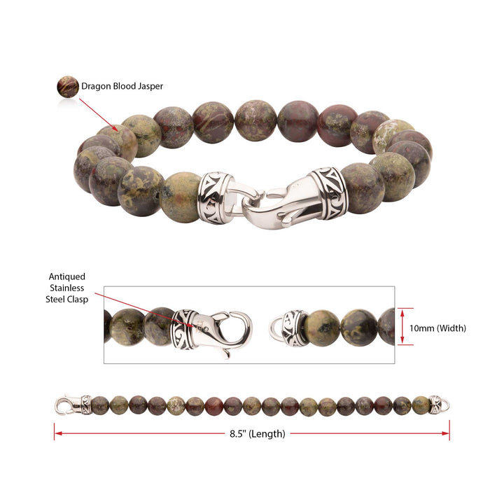 10mm Dragon Blood Jasper Stone Bead Bracelet with Antiqued Stainless Steel Clasp