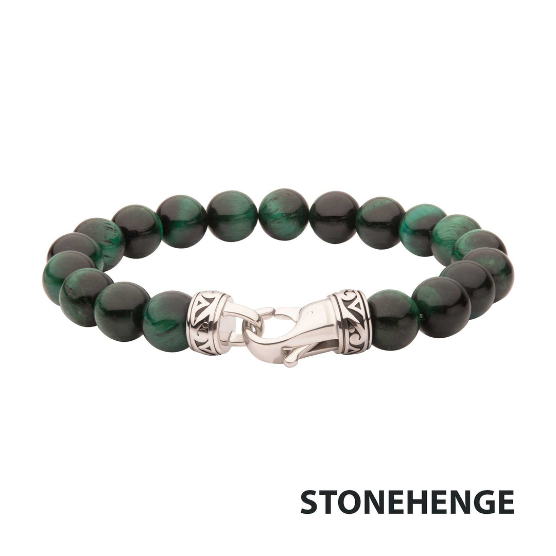 10mm Green Tiger Eye Stone Bead Bracelet with Antiqued Stainless Steel Clasp