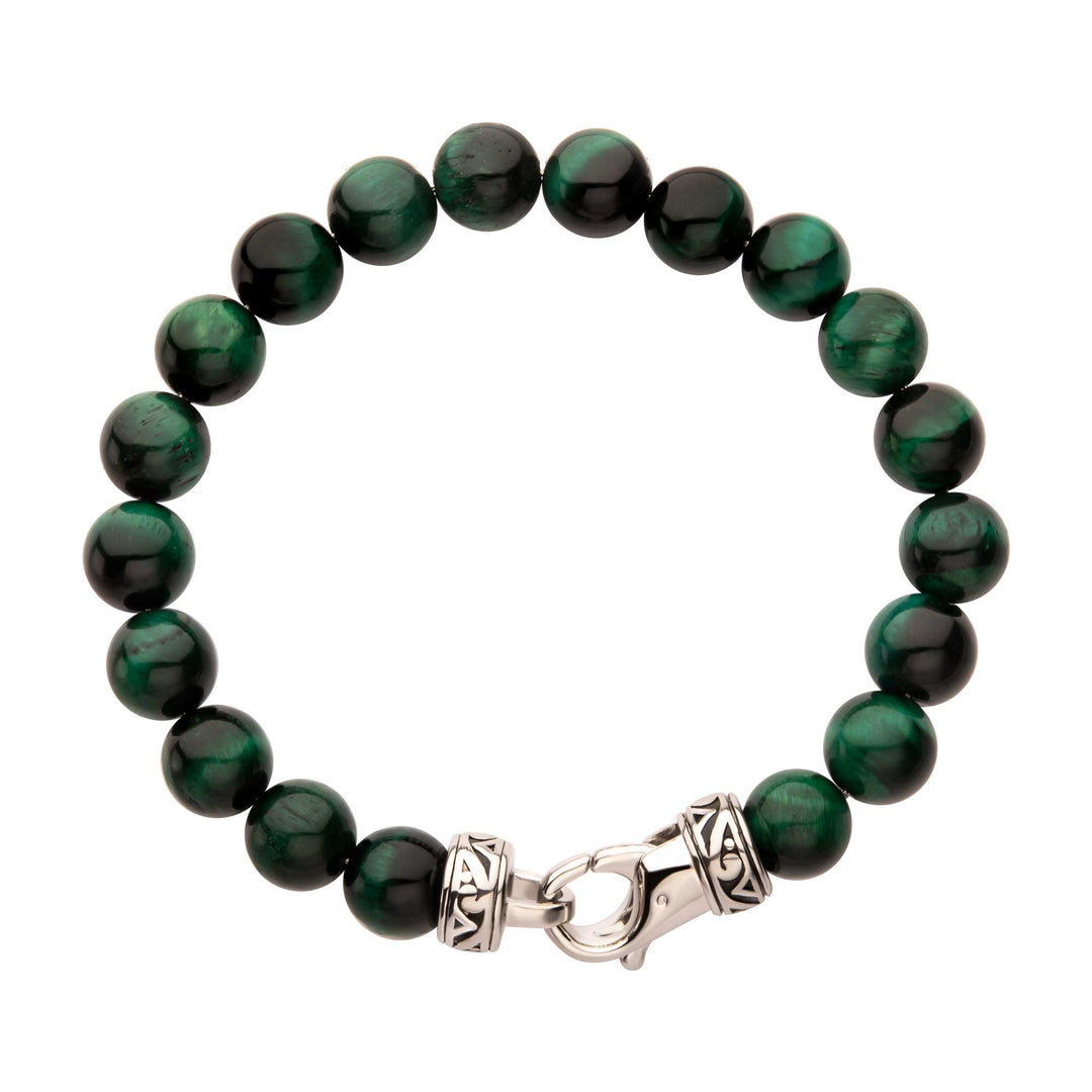 10mm Green Tiger Eye Stone Bead Bracelet with Antiqued Stainless Steel Clasp