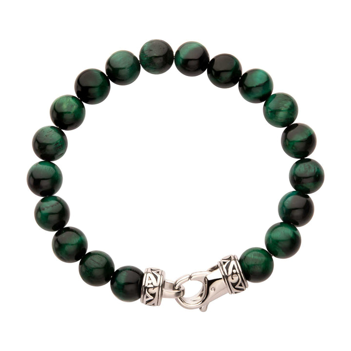 10mm Green Tiger Eye Stone Bead Bracelet with Antiqued Stainless Steel Clasp