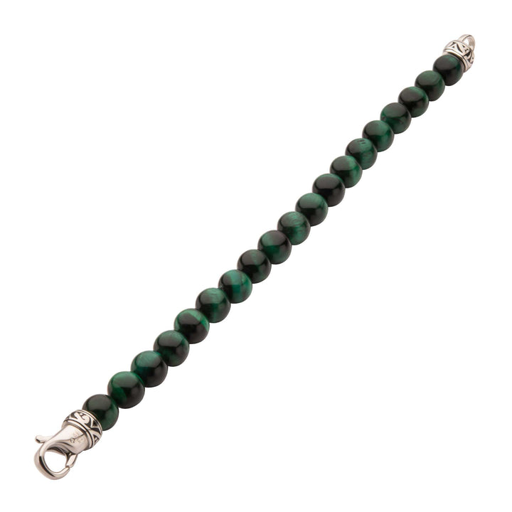 10mm Green Tiger Eye Stone Bead Bracelet with Antiqued Stainless Steel Clasp
