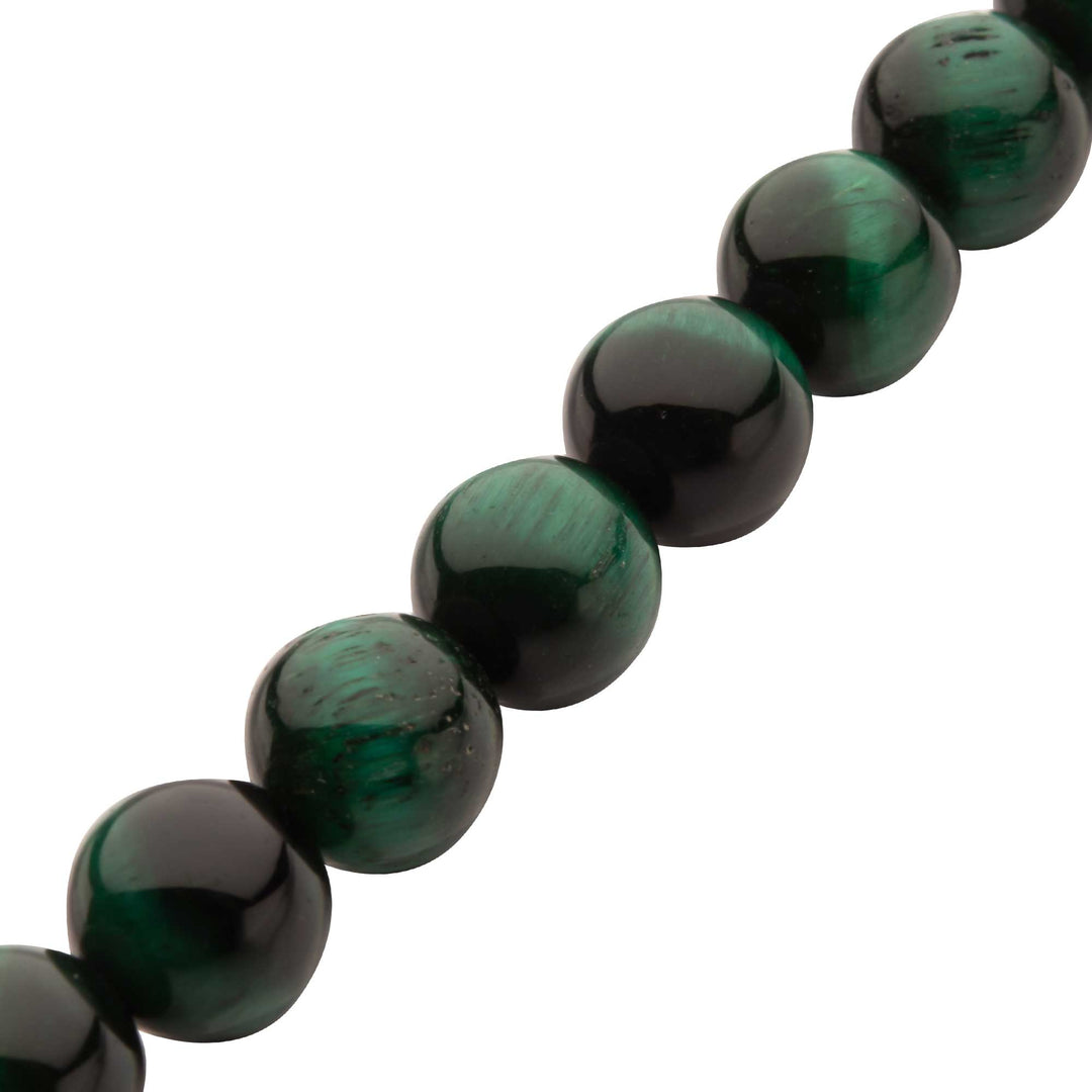 10mm Green Tiger Eye Stone Bead Bracelet with Antiqued Stainless Steel Clasp