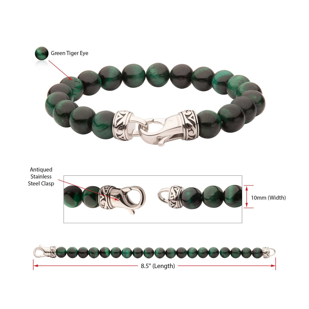 10mm Green Tiger Eye Stone Bead Bracelet with Antiqued Stainless Steel Clasp