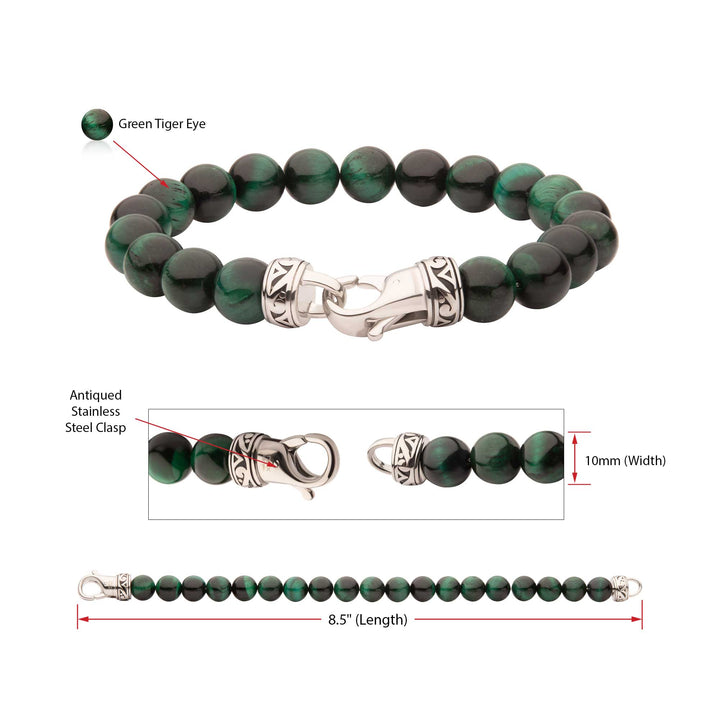 10mm Green Tiger Eye Stone Bead Bracelet with Antiqued Stainless Steel Clasp