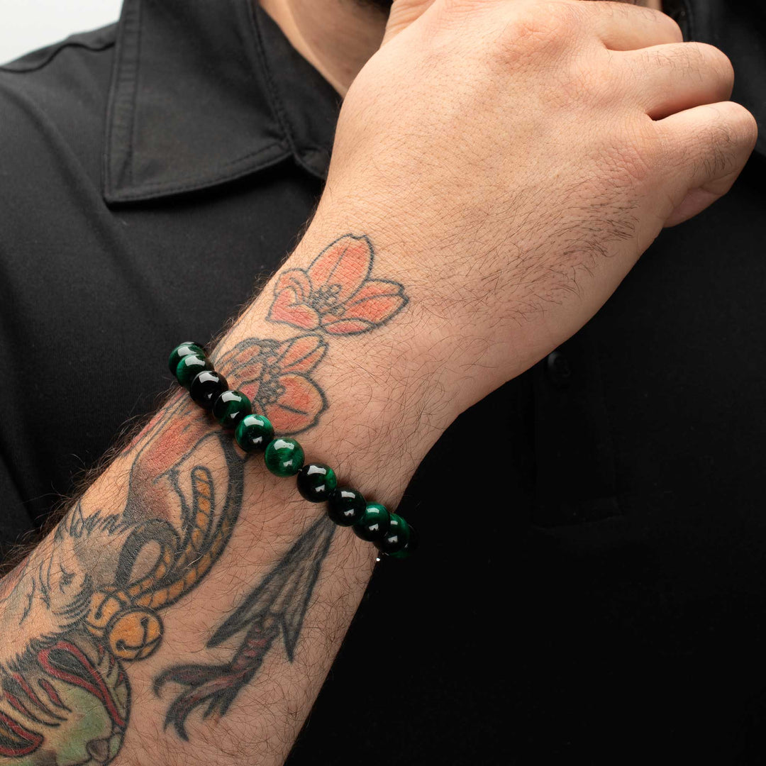 10mm Green Tiger Eye Stone Bead Bracelet with Antiqued Stainless Steel Clasp