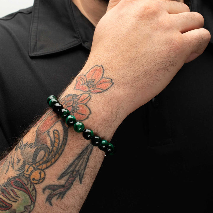 10mm Green Tiger Eye Stone Bead Bracelet with Antiqued Stainless Steel Clasp