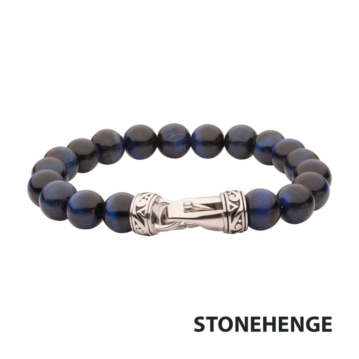 10mm Blue Tiger Eye Stone Bead Bracelet with Antiqued Stainless Steel Clasp