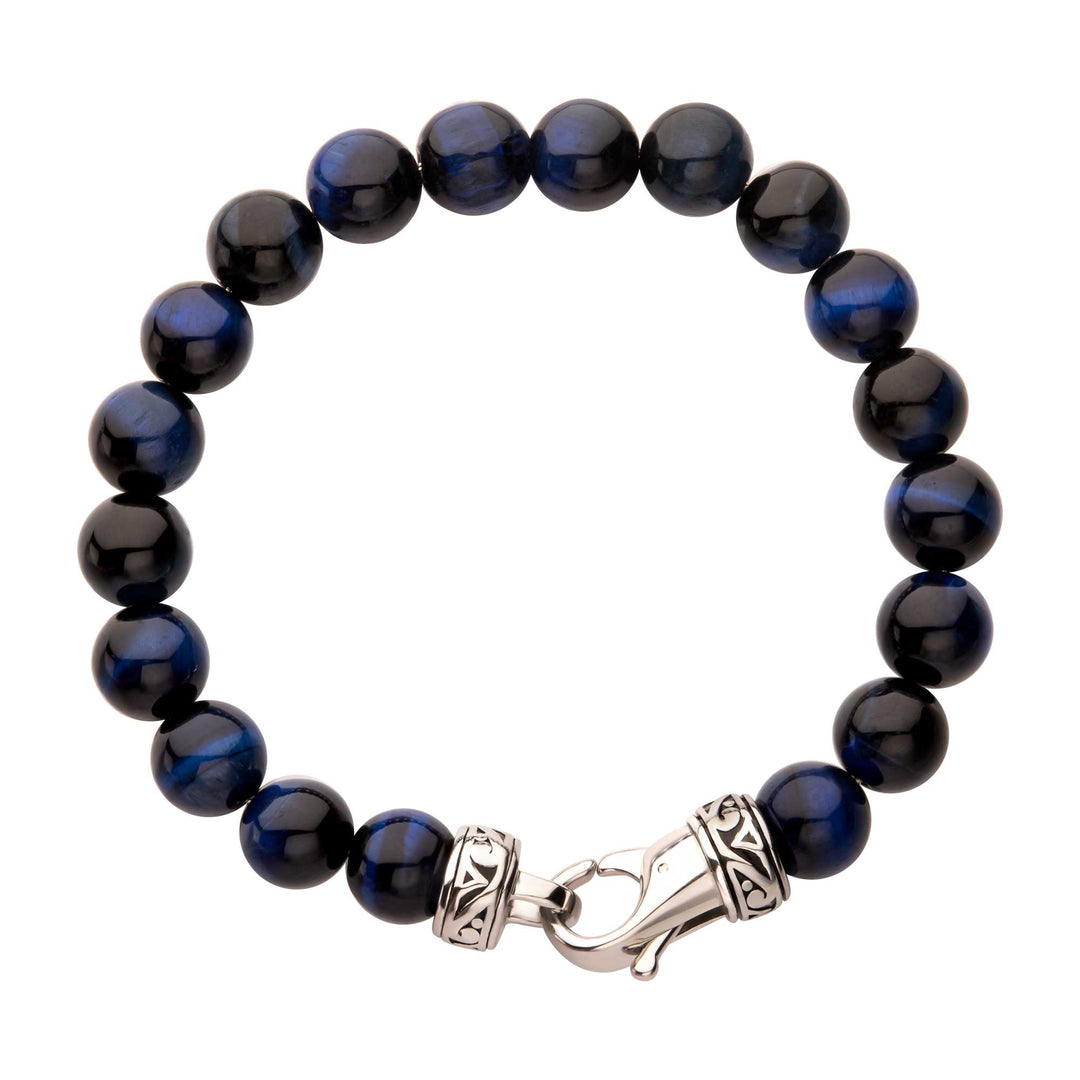 10mm Blue Tiger Eye Stone Bead Bracelet with Antiqued Stainless Steel Clasp