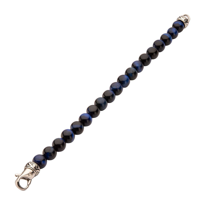 10mm Blue Tiger Eye Stone Bead Bracelet with Antiqued Stainless Steel Clasp