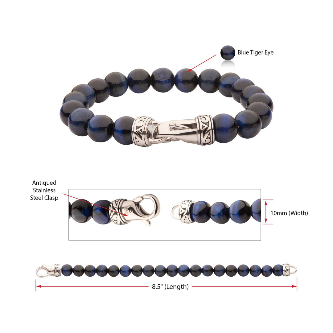 10mm Blue Tiger Eye Stone Bead Bracelet with Antiqued Stainless Steel Clasp