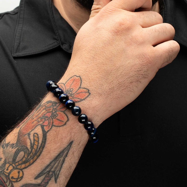 10mm Blue Tiger Eye Stone Bead Bracelet with Antiqued Stainless Steel Clasp