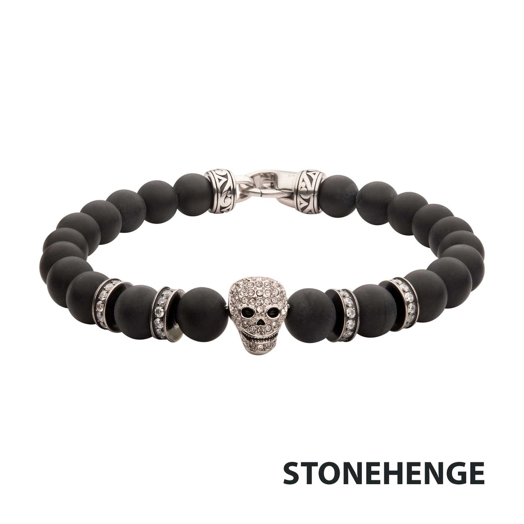 8mm Black Onyx Stone Bead Bracelet with Pave Gem Skull Head & Antiqued Stainless Steel Clasp