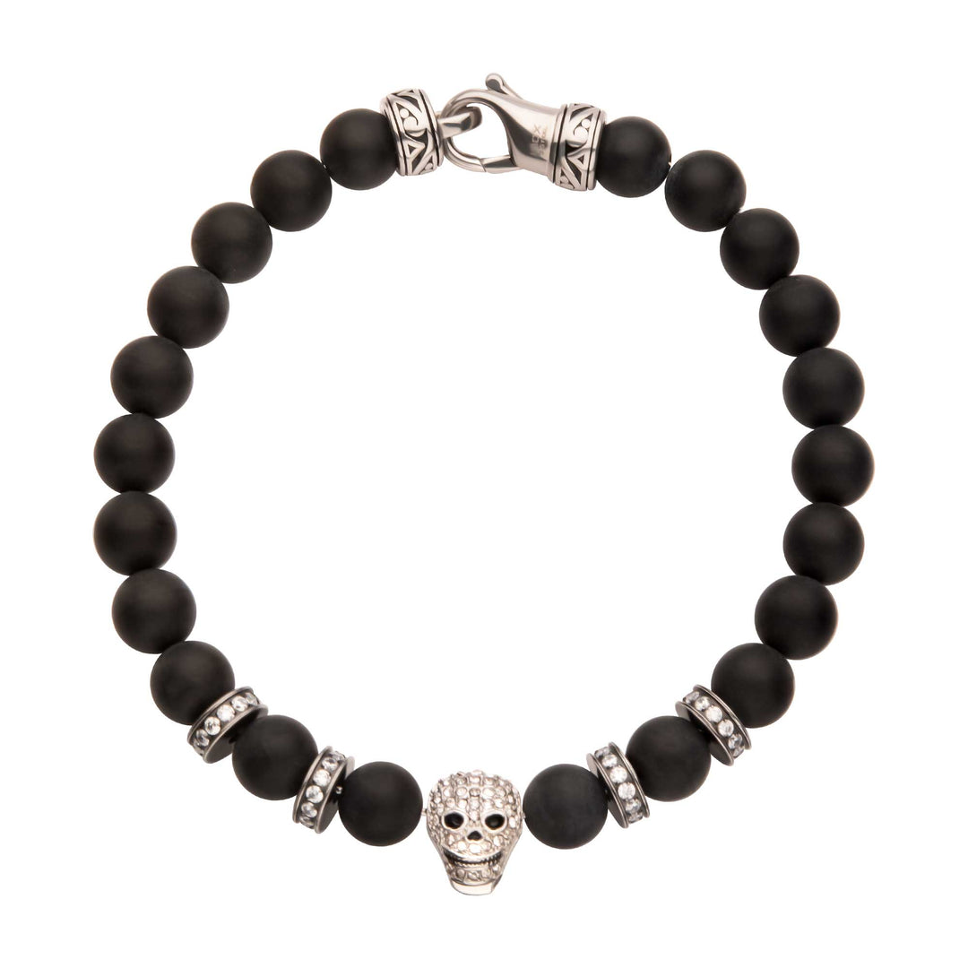 8mm Black Onyx Stone Bead Bracelet with Pave Gem Skull Head & Antiqued Stainless Steel Clasp