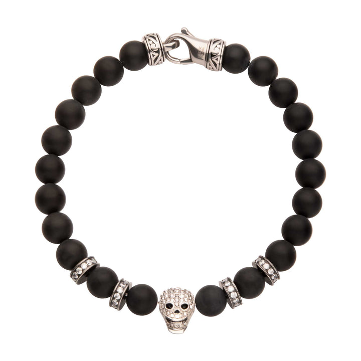 8mm Black Onyx Stone Bead Bracelet with Pave Gem Skull Head & Antiqued Stainless Steel Clasp
