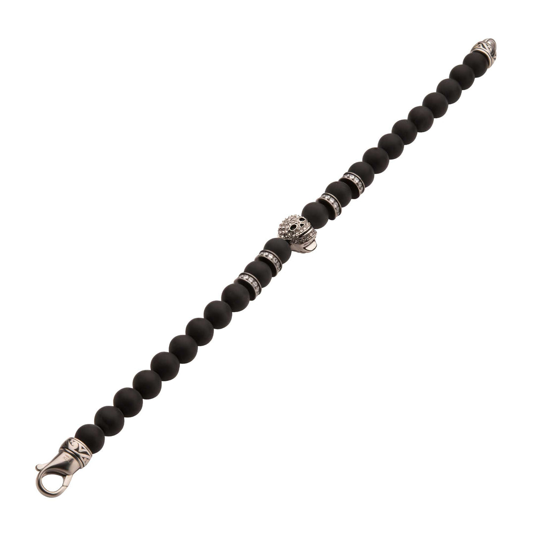 8mm Black Onyx Stone Bead Bracelet with Pave Gem Skull Head & Antiqued Stainless Steel Clasp