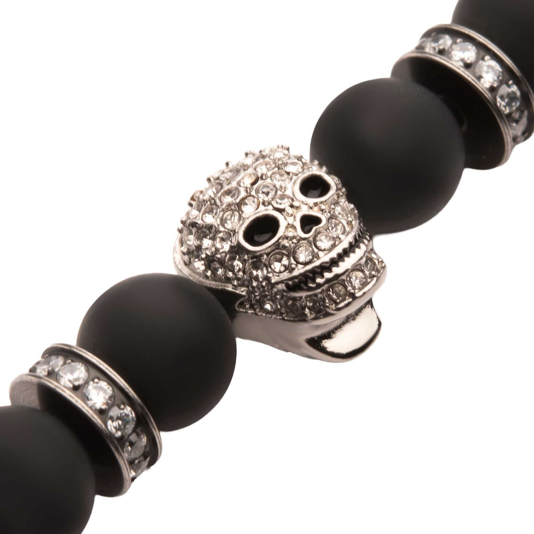 8mm Black Onyx Stone Bead Bracelet with Pave Gem Skull Head & Antiqued Stainless Steel Clasp