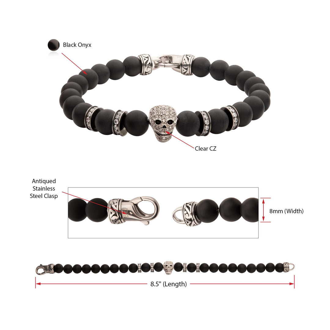 8mm Black Onyx Stone Bead Bracelet with Pave Gem Skull Head & Antiqued Stainless Steel Clasp