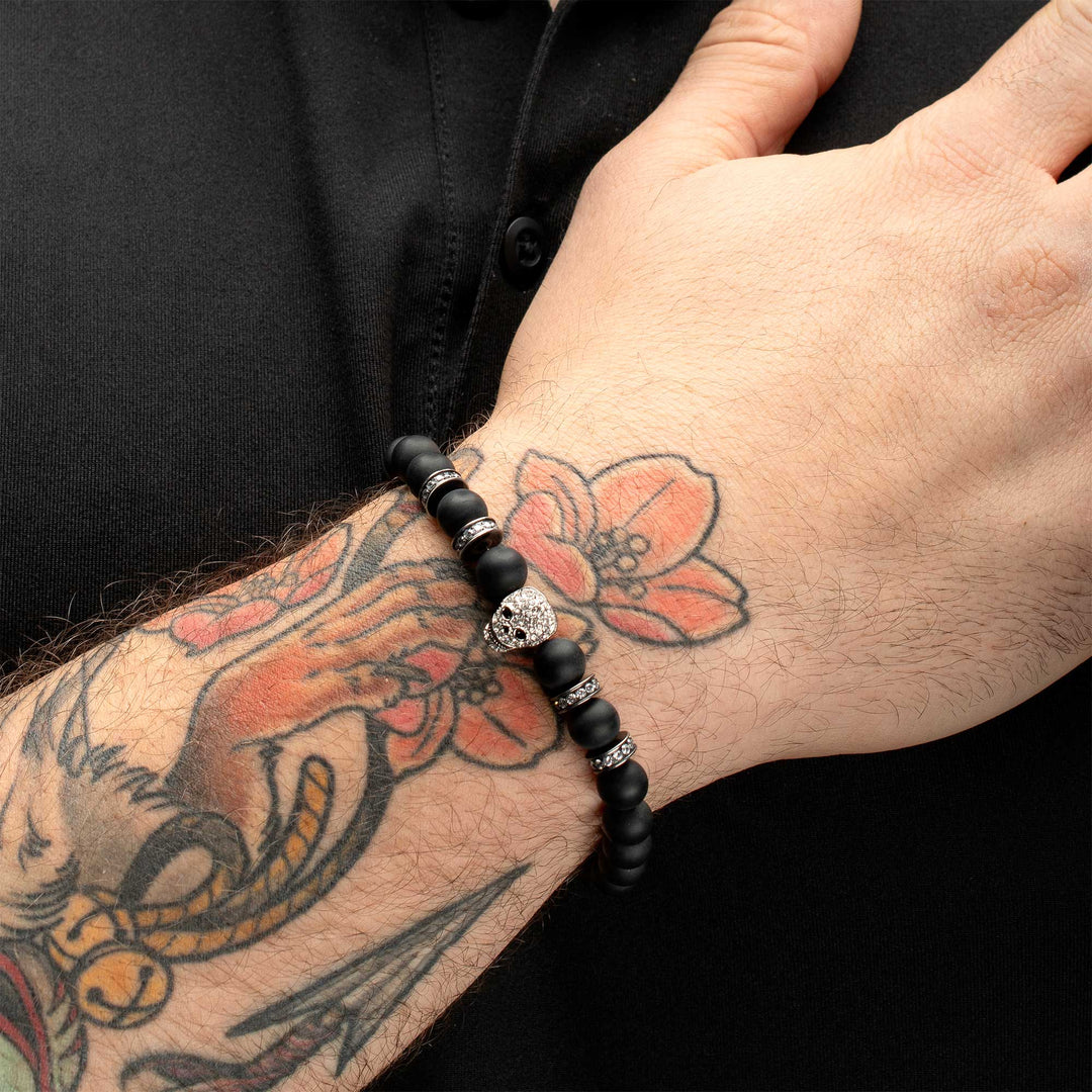 8mm Black Onyx Stone Bead Bracelet with Pave Gem Skull Head & Antiqued Stainless Steel Clasp