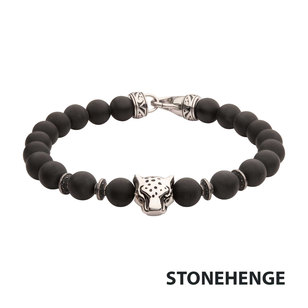 8mm Black Onyx Stone Bead Bracelet with Leopart Head & Antiqued Stainless Steel Clasp