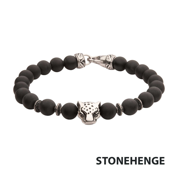 8mm Black Onyx Stone Bead Bracelet with Leopart Head & Antiqued Stainless Steel Clasp