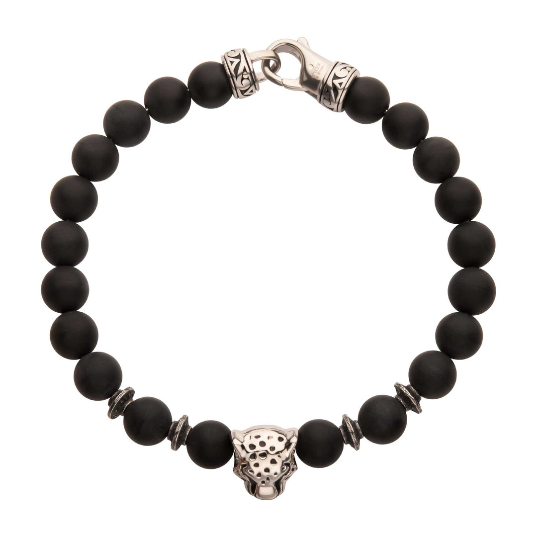 8mm Black Onyx Stone Bead Bracelet with Leopart Head & Antiqued Stainless Steel Clasp