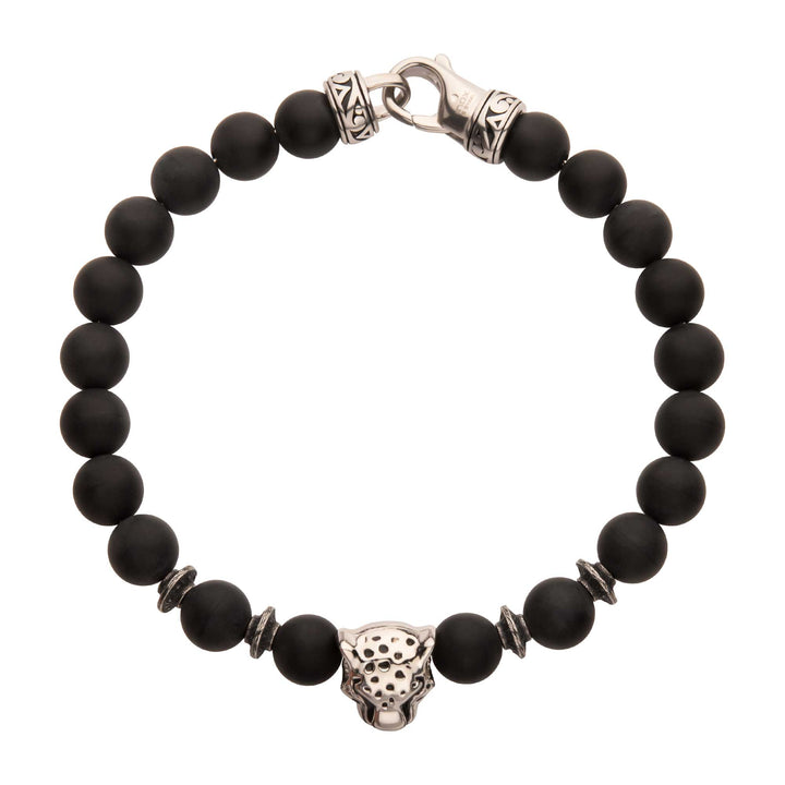 8mm Black Onyx Stone Bead Bracelet with Leopart Head & Antiqued Stainless Steel Clasp