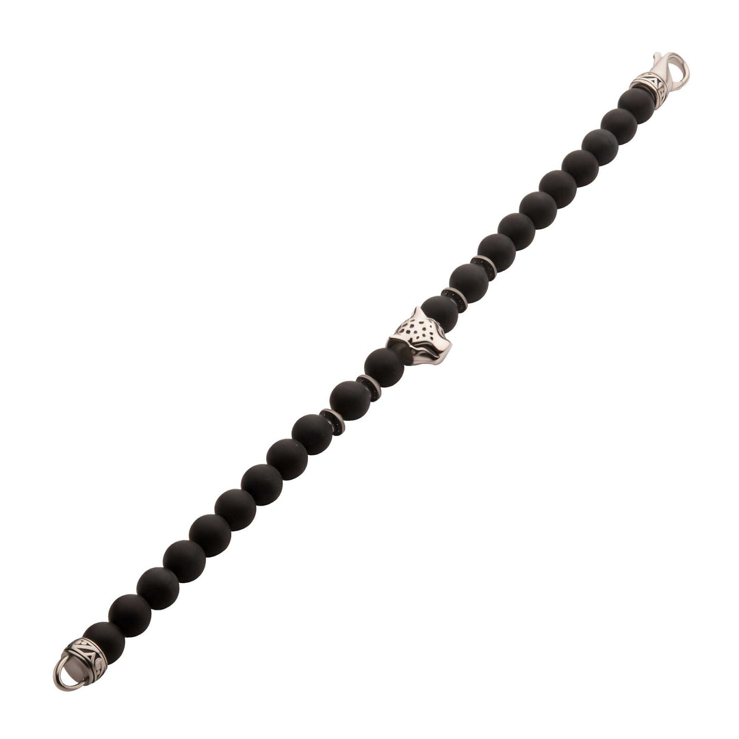8mm Black Onyx Stone Bead Bracelet with Leopart Head & Antiqued Stainless Steel Clasp
