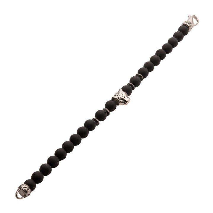 8mm Black Onyx Stone Bead Bracelet with Leopart Head & Antiqued Stainless Steel Clasp