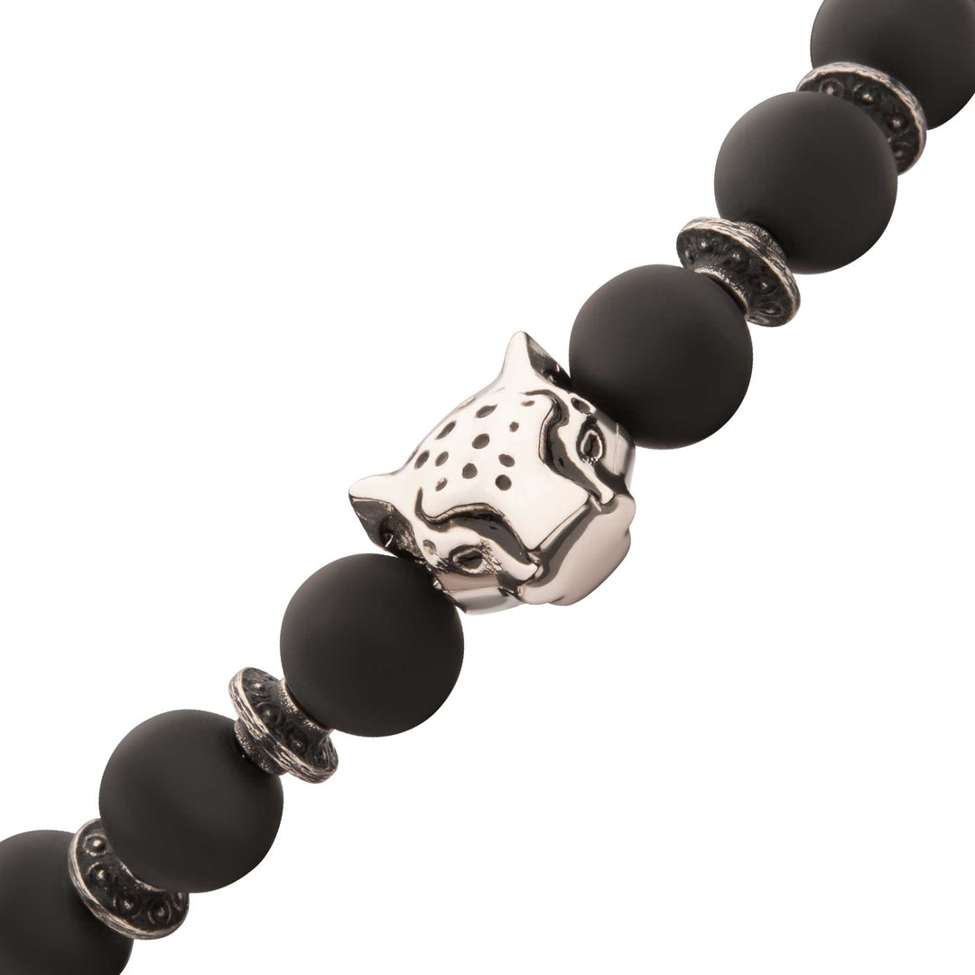 8mm Black Onyx Stone Bead Bracelet with Leopart Head & Antiqued Stainless Steel Clasp