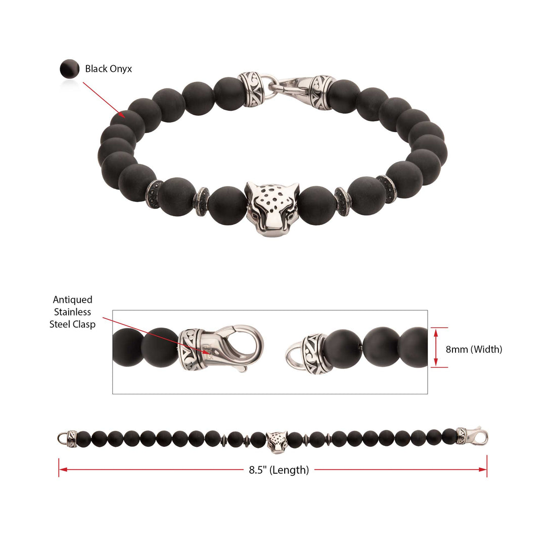8mm Black Onyx Stone Bead Bracelet with Leopart Head & Antiqued Stainless Steel Clasp