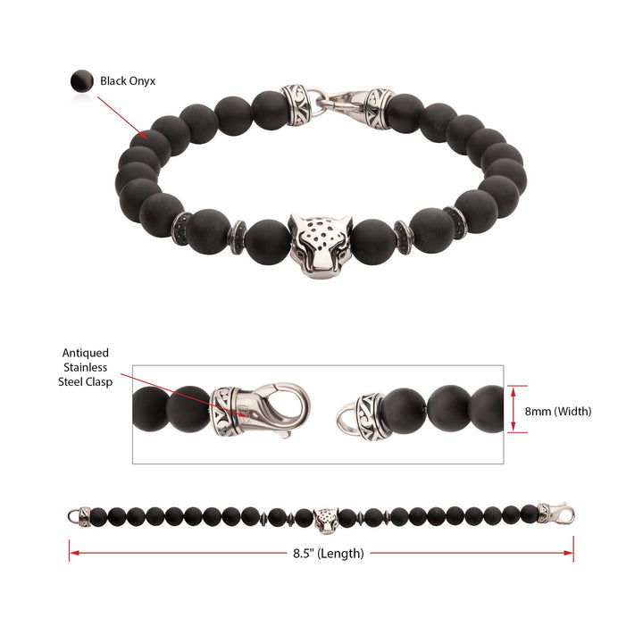 8mm Black Onyx Stone Bead Bracelet with Leopart Head & Antiqued Stainless Steel Clasp