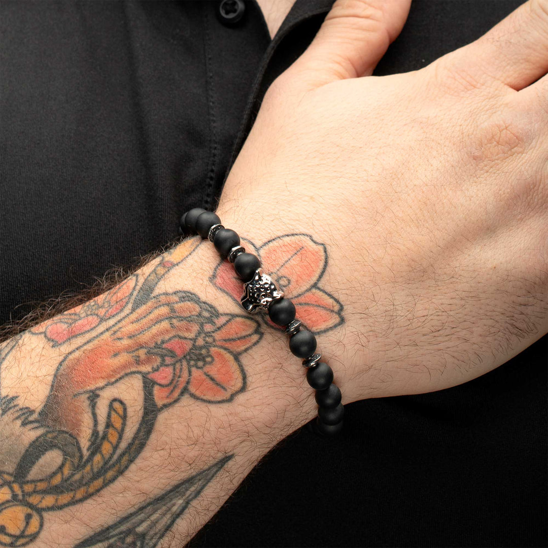 8mm Black Onyx Stone Bead Bracelet with Leopart Head & Antiqued Stainless Steel Clasp