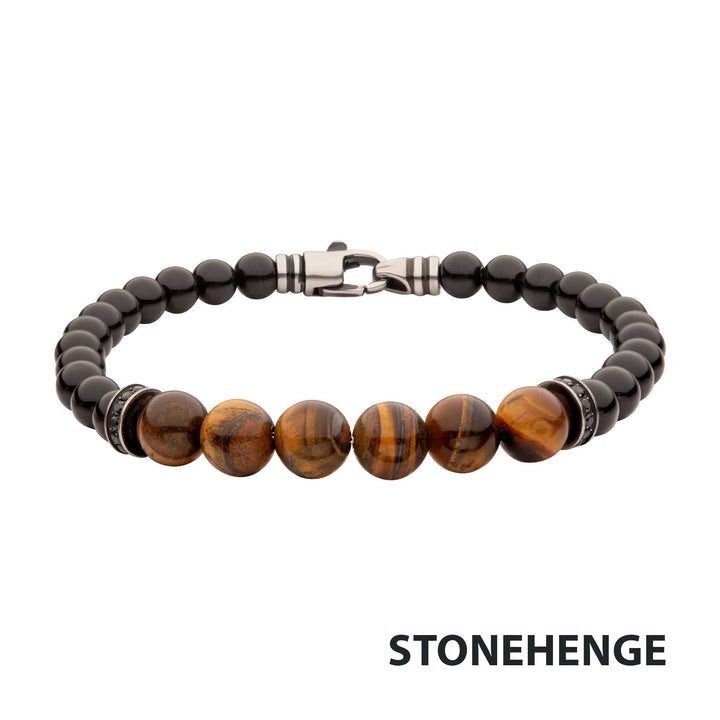 8mm Tiger Eye & Black Onyx Stone Bead Bracelet with Black CZ & Antiqued Stainless Steel Clasp