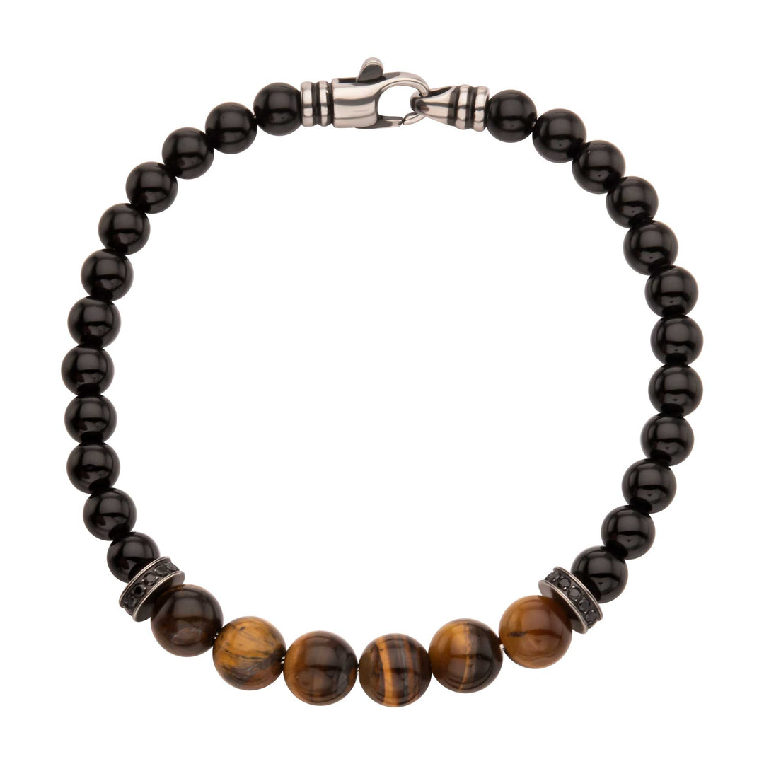 8mm Tiger Eye & Black Onyx Stone Bead Bracelet with Black CZ & Antiqued Stainless Steel Clasp