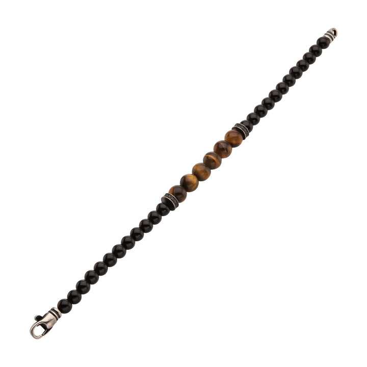 8mm Tiger Eye & Black Onyx Stone Bead Bracelet with Black CZ & Antiqued Stainless Steel Clasp