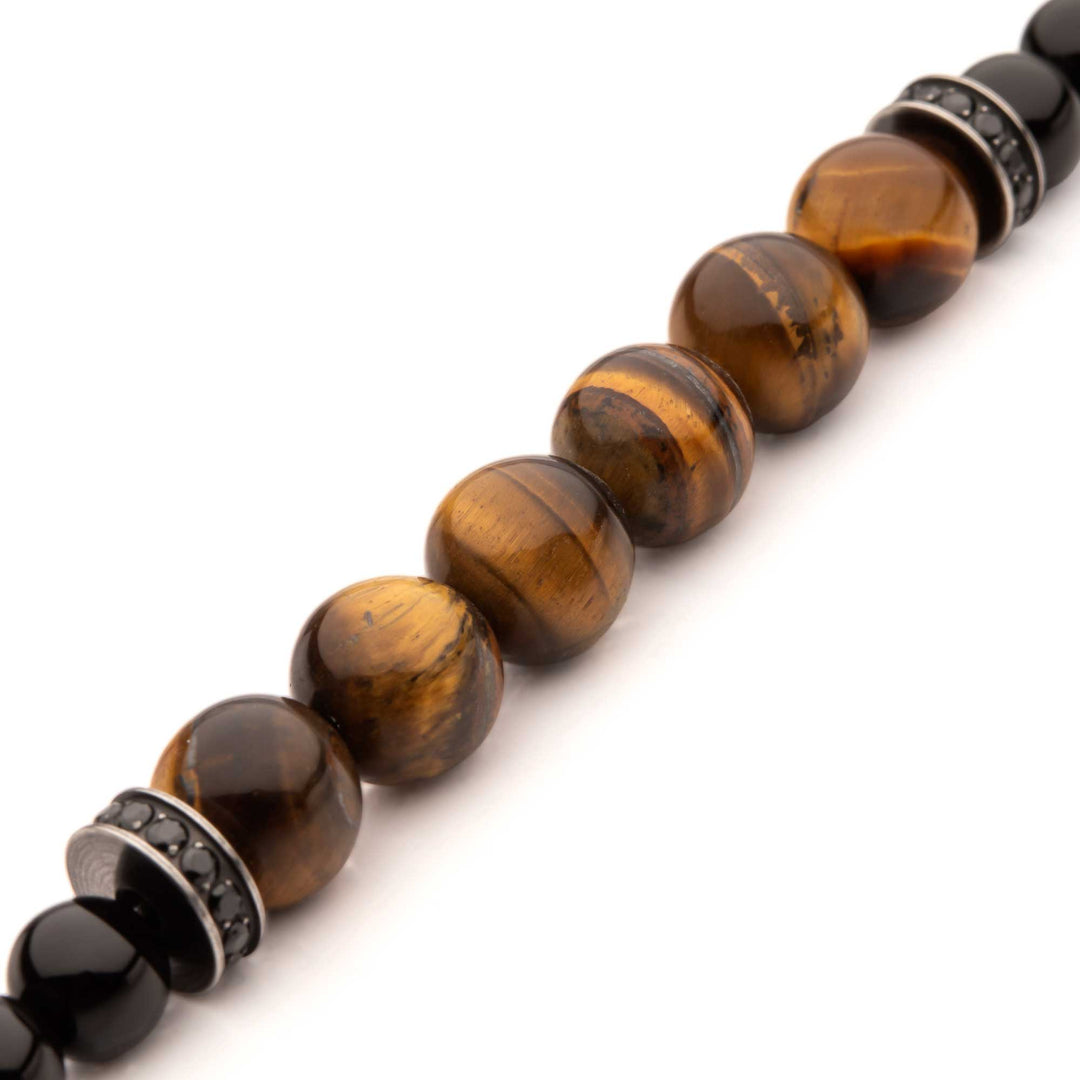 8mm Tiger Eye & Black Onyx Stone Bead Bracelet with Black CZ & Antiqued Stainless Steel Clasp