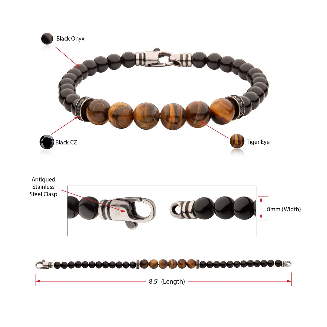 8mm Tiger Eye & Black Onyx Stone Bead Bracelet with Black CZ & Antiqued Stainless Steel Clasp