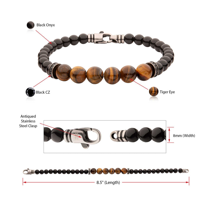 8mm Tiger Eye & Black Onyx Stone Bead Bracelet with Black CZ & Antiqued Stainless Steel Clasp
