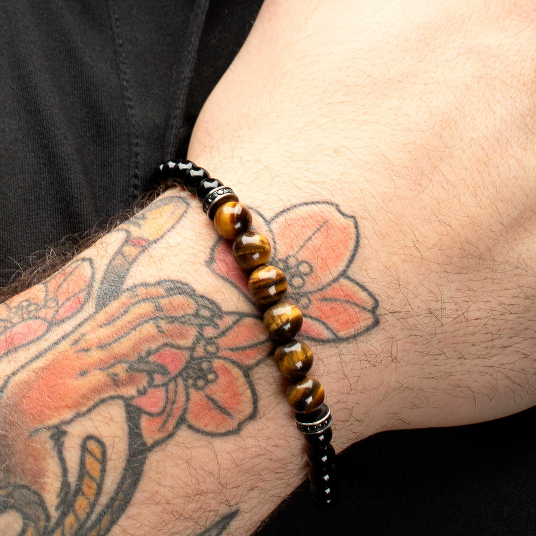 8mm Tiger Eye & Black Onyx Stone Bead Bracelet with Black CZ & Antiqued Stainless Steel Clasp