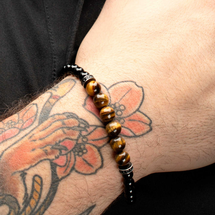 8mm Tiger Eye & Black Onyx Stone Bead Bracelet with Black CZ & Antiqued Stainless Steel Clasp