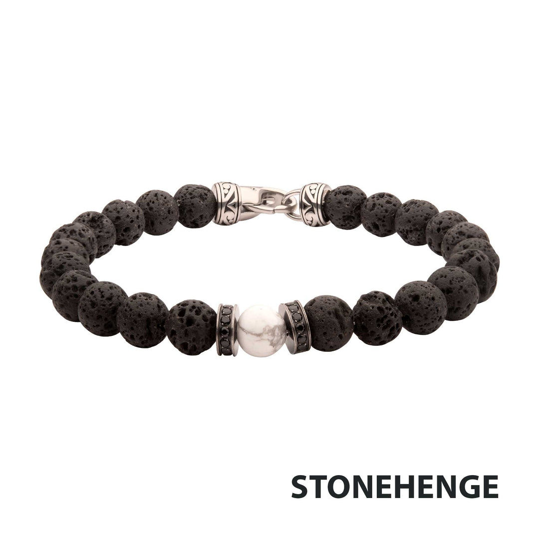 8mm Howlite & Black Lava Stone Bead Bracelet with Black CZ & Antiqued Stainless Steel Clasp